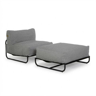 Ensemble canapé d'extérieur Cloud avec pouf – Structure en fer résistant aux intempéries, coussins épais et moelleux blanc crème, ensemble de patio moderne pour terrasse, balcon ou piscine – Gris