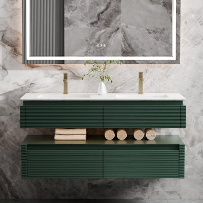 Ensemble de meuble-lavabo double mural 48 po en chêne massif, comptoir en pierre reconstituée, lavabos encastrés CUPC et veilleuse à DEL, finition verte Gucci