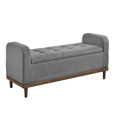 Bedroom Storage Lift Top Bench In Mid-Century Modern, Gray Upholstered, Solid Wood Walnut Modern Upholstered Bench, Storage, Finish