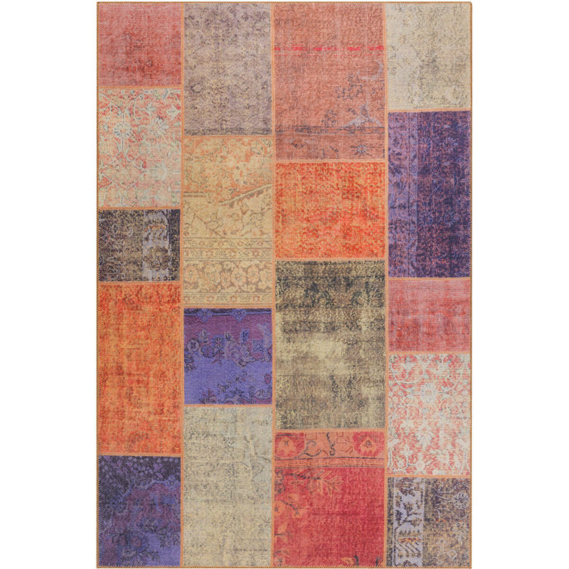 Orange Purple Patchwork Vintage Look Woven Base Decorative Carpet, Runner 2'6" x 7'7"