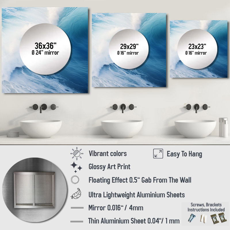 Jaonna - art mural miroir carré bleu Wave, 29 po x 29 po