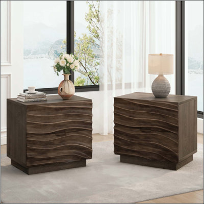 Solid Wood Nightstands, Bedside Table with 2 Drawers, No Handles, Sofa End Table for Living Room, Bedrooms