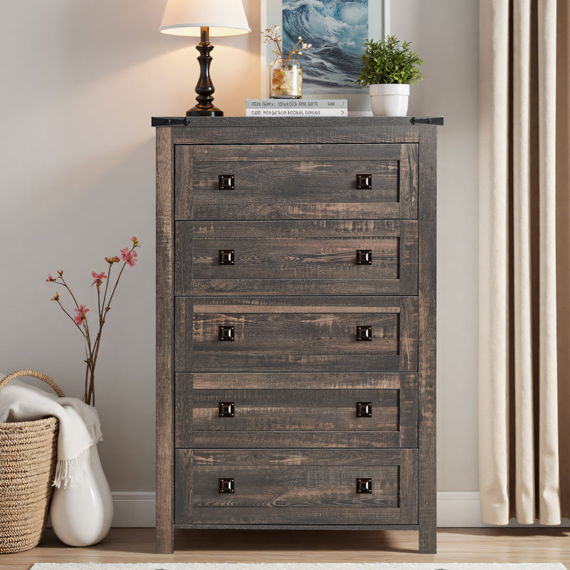 Commode en bois Farmhouse - 5 tiroirs, rangement polyvalent, Chêne rustique foncé