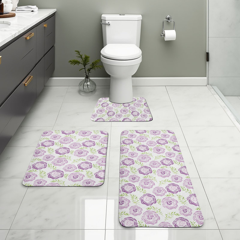  Ensemble de tapis de salle de bain Floral 3 pièces en U et tapis rectangulaires mauve pâle