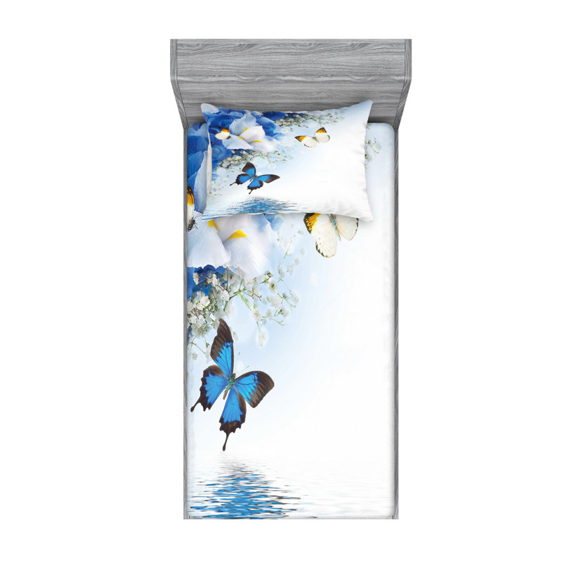 Blue and White Floral Microfiber Twin Sheet and Pillow Set