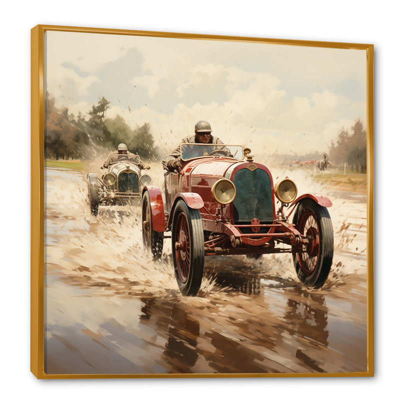 «Red Car 1930 Race Car Tracks I», art mural rouge, Cadre flottant doré, H 16 po x l 16 po