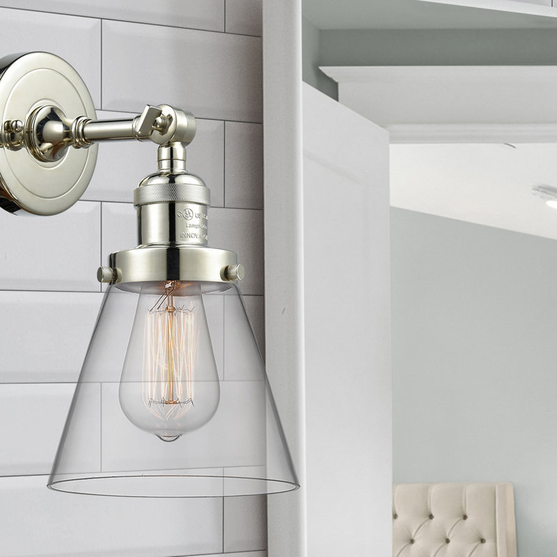Cone 1 Light Sconce, 6 Watt Vinage LED Bulb, Clear, Polished Nickel