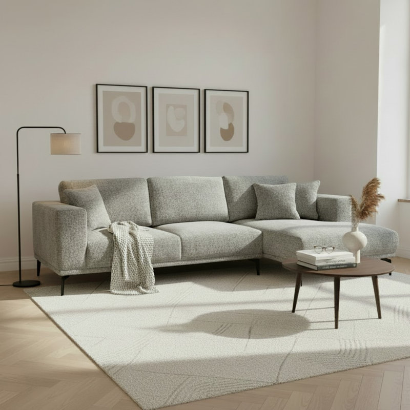 Riviera 4 Seater Corner Sofa, Fabric, 286cm Modern L-Shaped with Metal Legs, Right Hand Facing, Grey