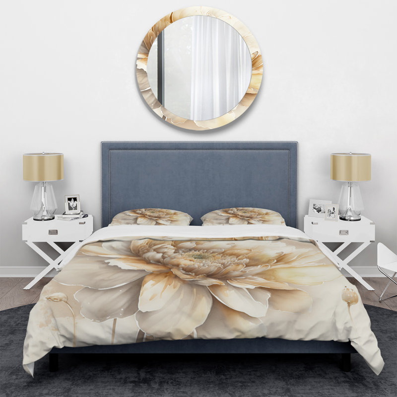 Ensemble de housse de couette simple fleur beige en V - Polyester en microfibre