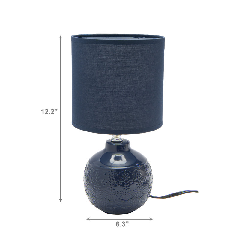 Lampe de table en céramique avec abat-jour floral embossé bleu marine, Marine, Marine
