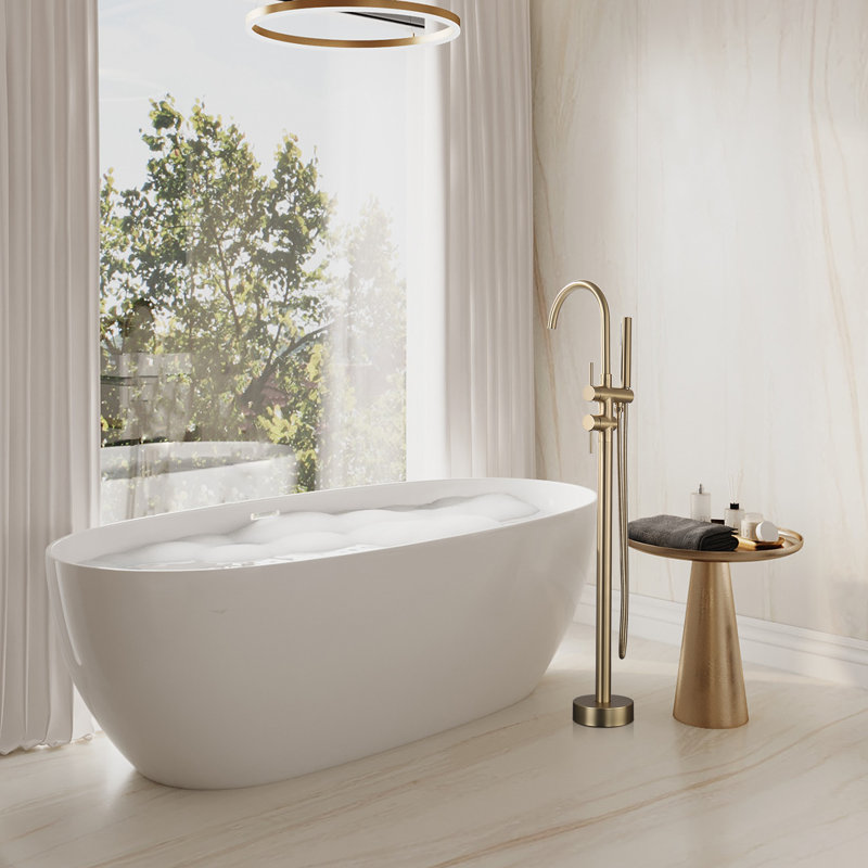 45-1/2" H Freestanding Double Handles Tub Faucet With Handheld Shower And Rotatable Spout, Brushed Gold