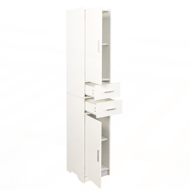 Armoire de rangement haute et étroite avec 2 portes, 2 tiroirs et tablettes réglables pour une utilisation efficace de l'espace