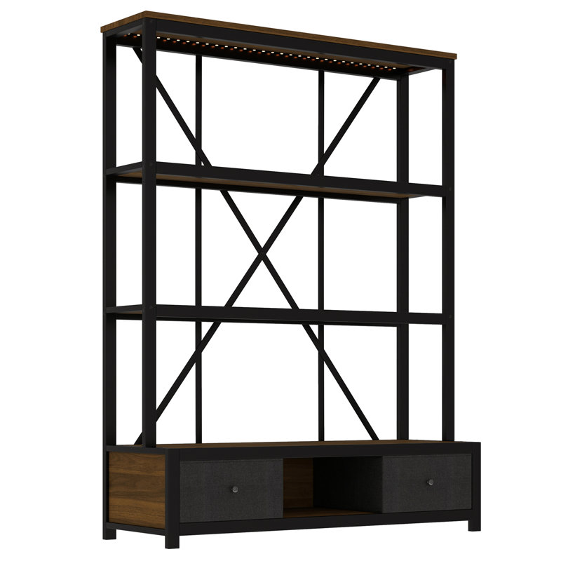 3-Shelf Metal Bookcase with Drawers for Office, Open Bookcase, Vintage Industrial Style Bookcase with LED, Walnut
