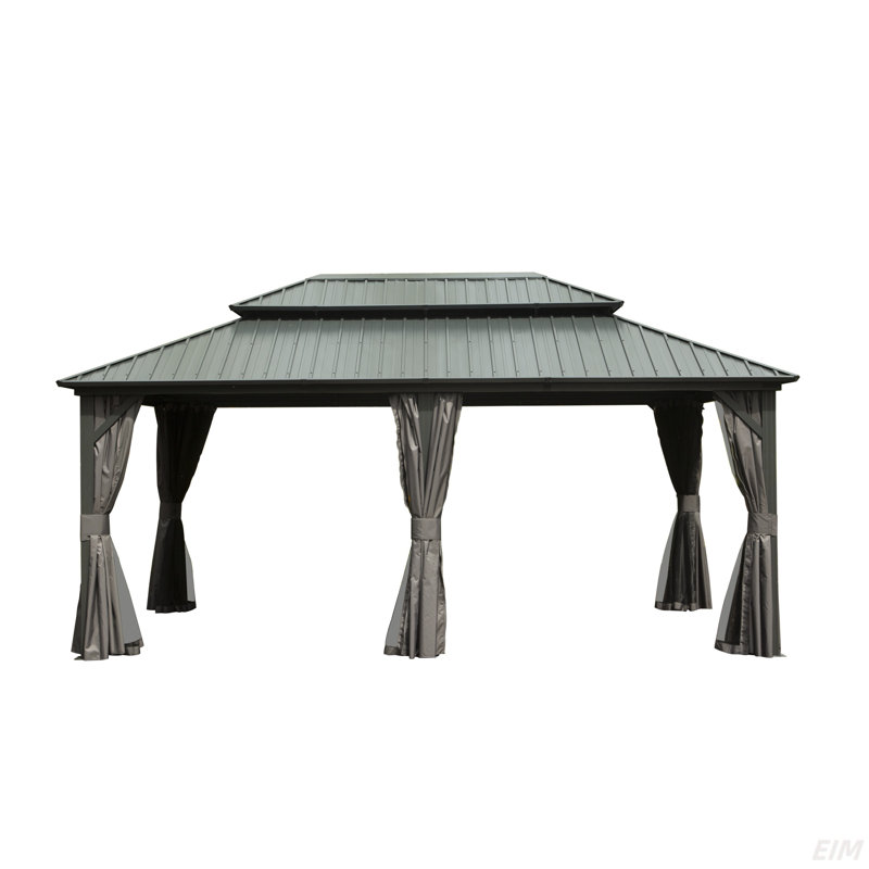 Hardtop Gazebo, Aluminum Metal Gazebo With Galvanized Steel Double Roof Canopy, Curtain And Netting, Permanent Gazebo Pavilion(Canopy)