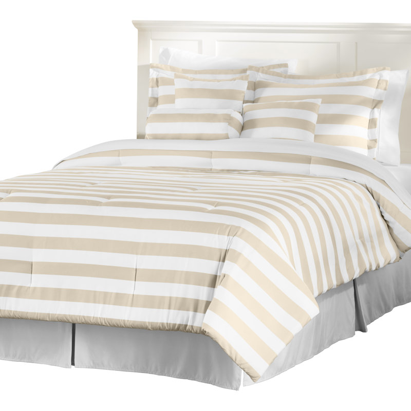 Basics Polyester Standard Striped Comforter, Full, White / Taupe