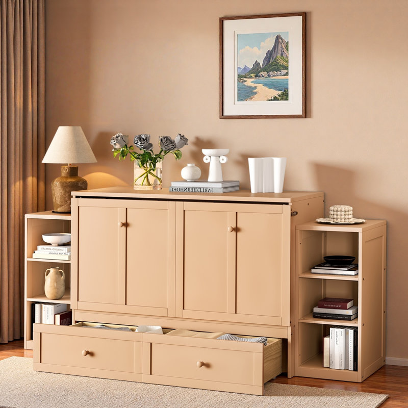 Lit escamotable avec tiroirs de rangement spacieux et tablettes ouvertes, Doré