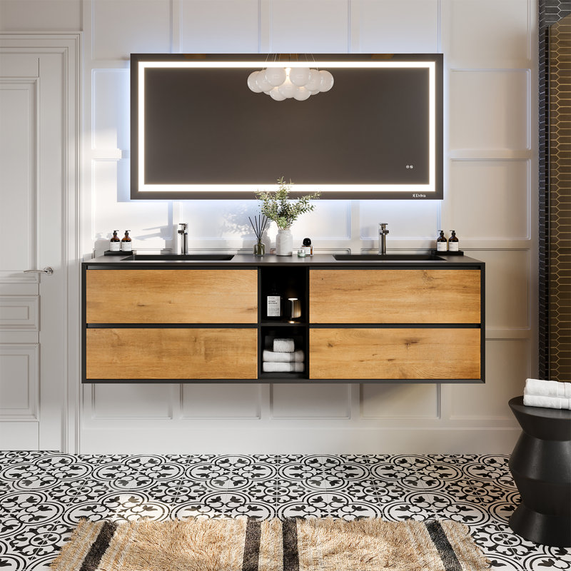 Kiskimere 74.8" Wall-Mounted Double Bathroom Vanity Set, Black Oak