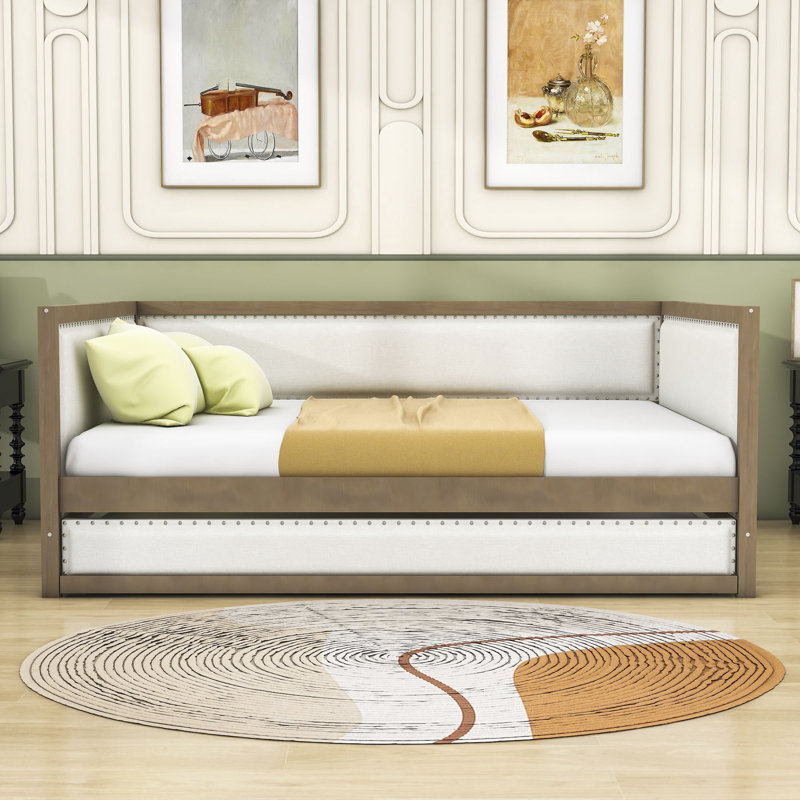 Full Size Upholstered Daybed with Twin Size Trundle, Wood Frame