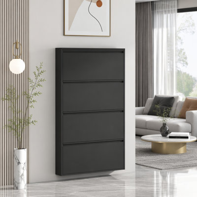 Wall-Mounted Metal Shoe Cabinet with 4 Flip Drawers, Narrow and Slim Design for Efficient Entryway Storage