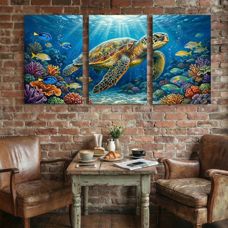 Animaux, tortue de mer, récif de corail, poisson, océan, lumière du soleil, scène sous-marine, ensemble de 3 impressions sur toile