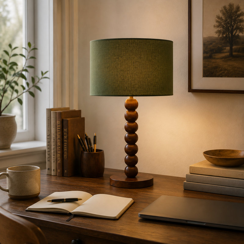 Lampe de table effilée en bois massif 18,5 "avec abat-jour rond en velours, lampe d'appoint moderne en bois véritable avec base E26 pour chambre à coucher et salon