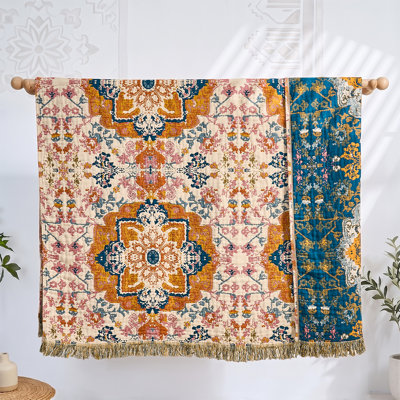 Plaid bohème vintage avec médaillon persan, couverture réversible en coton tissé avec franges à pompons