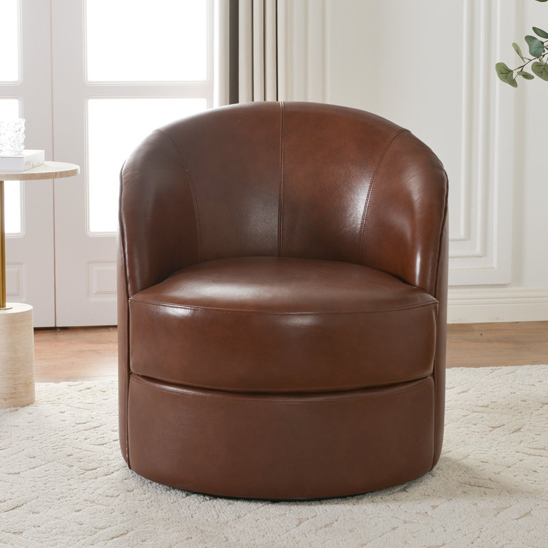 Fauteuil demi-tonneau pivotant en cuir véritable de 29,1 po de largeur, Brun