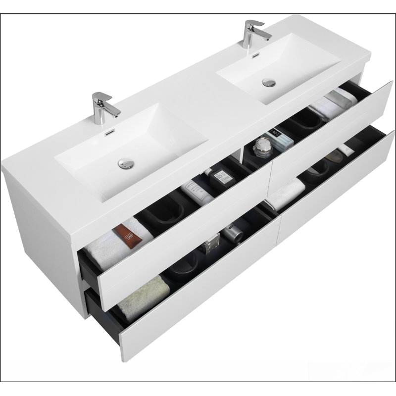 Meuble-lavabo mural 72 po avec lavabo 72 po, lavabo mural moderne avec lavabo en résine et 4 tiroirs à fermeture en douceur, blanc brillant 24V11-72GW