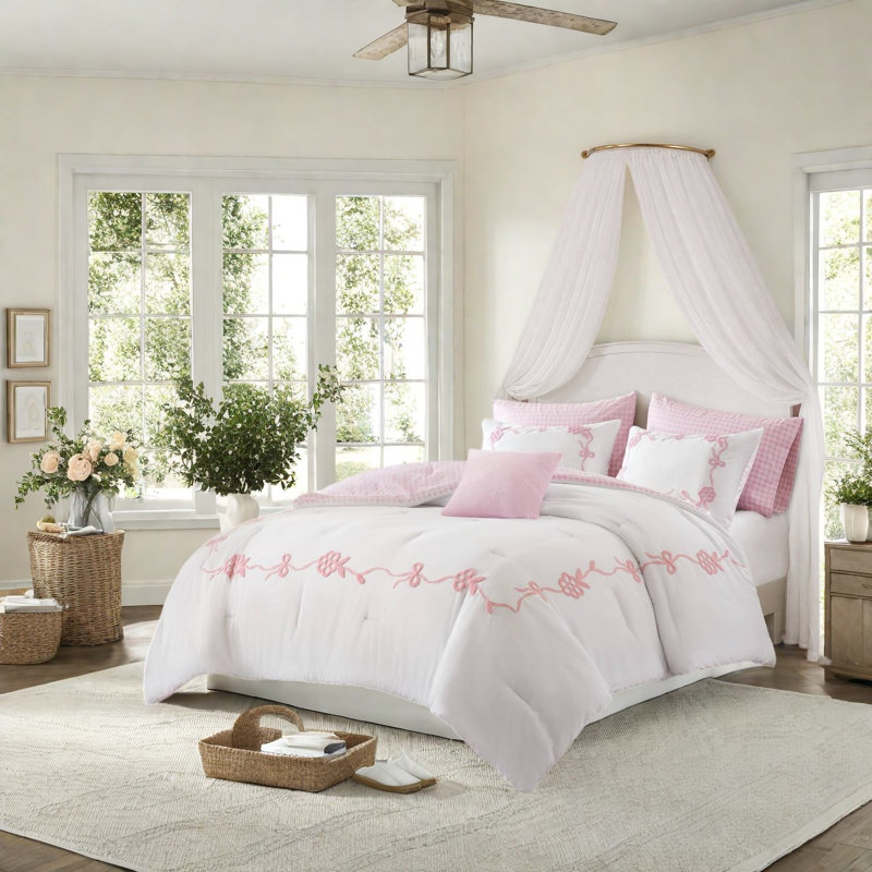 Ensemble de literie rose pour lit queen-size, couette en microfibre avec détails de nœuds floraux