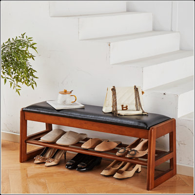 Un tabouret à chaussures en bois de 40 pouces avec patins en polyuréthane, un banc d'entrée à 2 couches avec étagères à chaussures avec boîtes de rangement et des tabourets en bois durables pour les entrées, les couloirs, les salons, les chambres et les placards