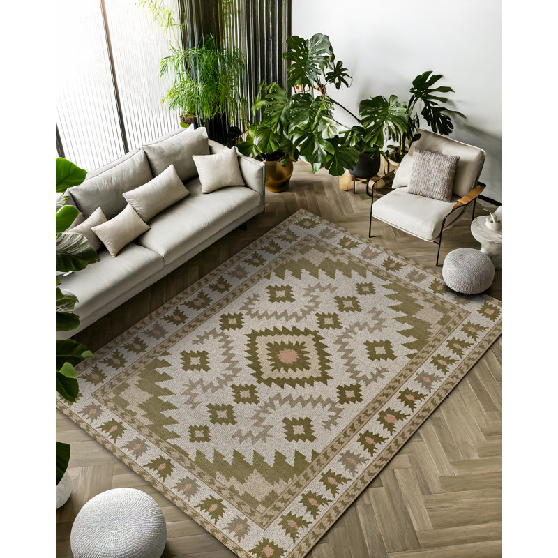 Minna Collection Digital Print Cotton-Polyester Beige Green Moroccan Rug, Square 6'7"