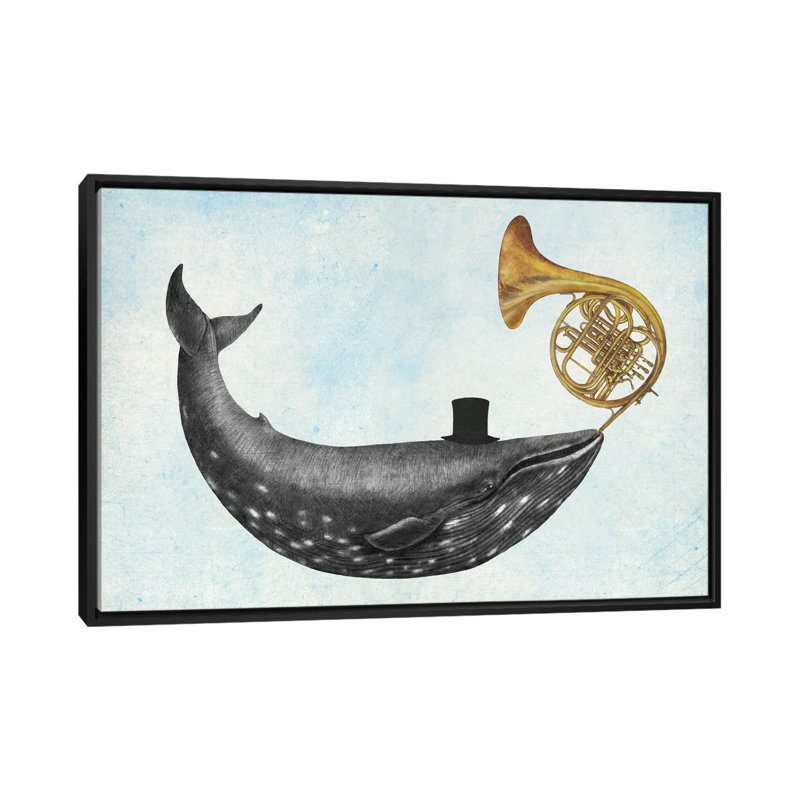 «Whale Song Blue» par Terry Fan - impression d'art graphique, H 40 po x l 60 po x 1,5 po, Toile avec cadre noir, Pas de tapis