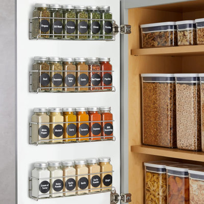 Spice Rack Organiser 4 étagères murales en acier inoxydable - 24 bocaux en verre de 4 oz et 269 étiquettes pré-imprimées, chrome - Organisateur d'assaisonnements pour cuisine et armoire