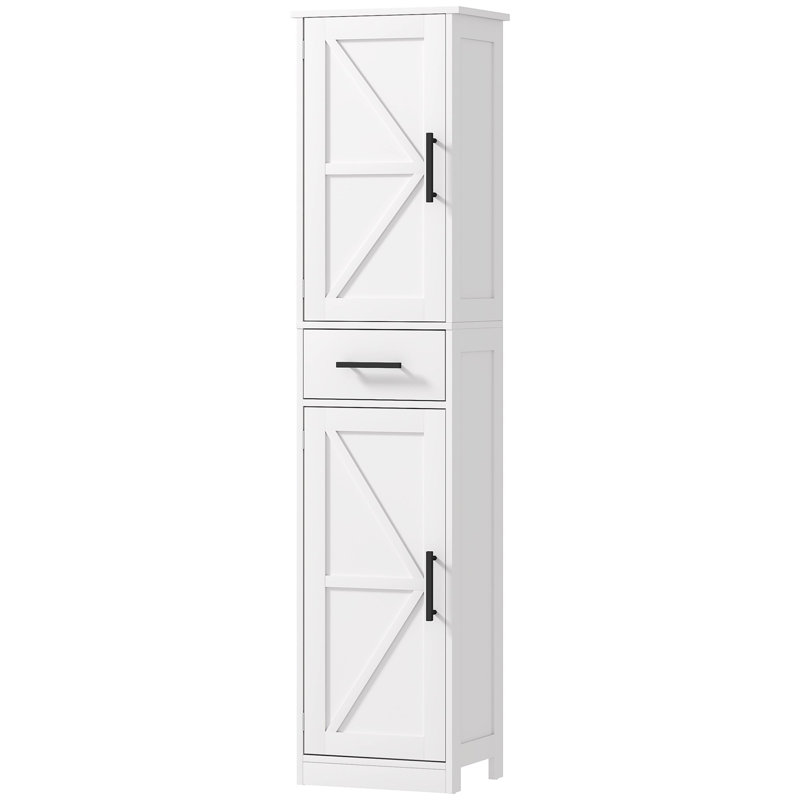 Farmhouse Linen Closet With Drawer, 67" Tall Bathroom Storage Cabinet With Barn Doors And Adjustable Shelves, White, White
