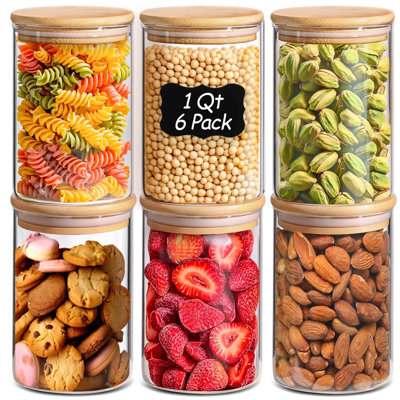 Contenants de rangement en verre avec couvercles, bocaux en verre avec couvercles, pot de rangement transparent, ensemble de 6 contenants ronds pour garde-manger
