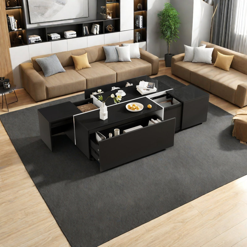 Table basse extensible de 47,2 po à 72,7 po, table basse multifonctionnelle avec finition ultrabrillante, table basse avec 2 espaces de rangement cachés et 2 tiroirs pour le salon