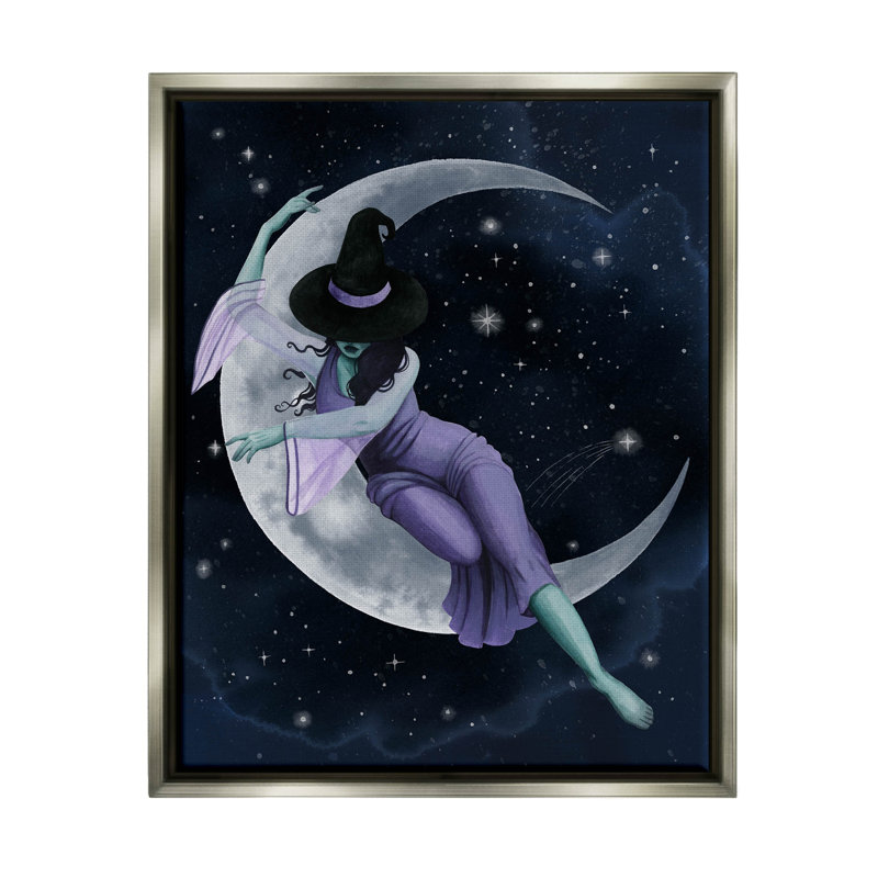«Moon Witch Starry Night Sky» par Grace Popp - impression sur bois, H 31 po x l 25 po x P 1,7 po, Cadre flottant gris lustré