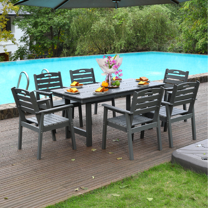 HDPE Outdoor Patio Dining Set, One Table And Six Chairs. The Outdoor Dining Furniture Has Sunshade Holes And Is Suitable. It Is Suitable For Lawns, Gardens, Backyards, And Pool Sides.Grey,Waterproof