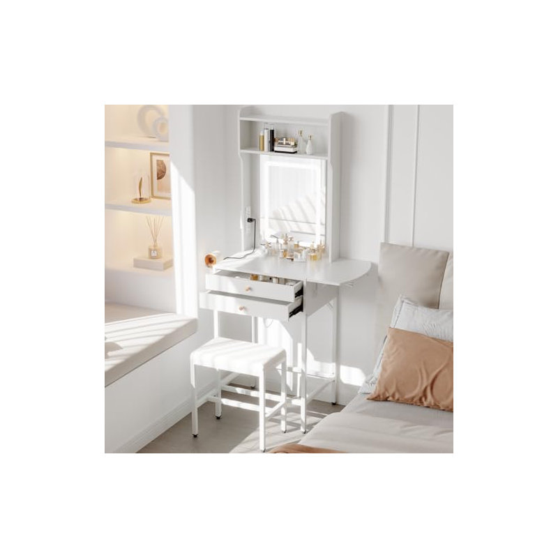 Small Makeup Vanity Desk with Mirror and Lights, Compact Vanity Table with Adjustable Tri-Color LED, 2 Drawers, Hair Dryer Holder