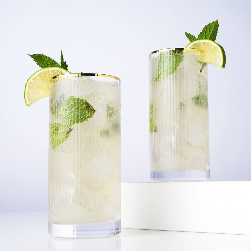 Ensemble de verres à whisky Viski Meridian, verres à boire rétro, verrerie ondulée Art déco, ensemble de verres Collins à bord doré