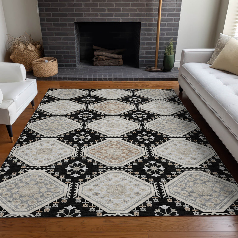 Machine Washable Indoor/Outdoor Christain ACN1443 Black Rug, Rectangle 3' x 5'