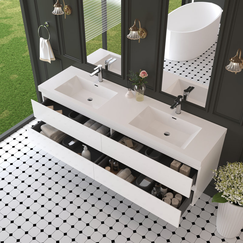 72" Floating Bathroom Vanity Wall-Mounted Storage Vanity with 2 Integrated Resin Top Basins and 4 Soft Close Drawers, Full Assembly