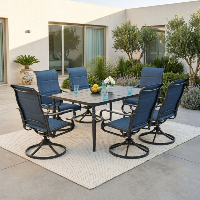 Ensemble de salle à manger rembourré 7 pièces avec trou pour parasol Burlington, 7 Pieces: Table, 6 Chairs, Blue