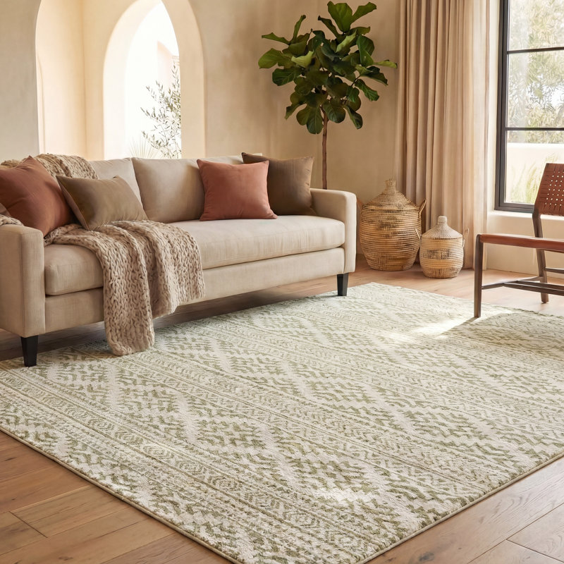 Lorenco Southwestern Machine Made Power Loom Polypropylene Area Rug in Ivory/Sage, Rectangle 8' x 10'