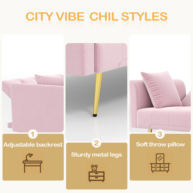 Modern Convertible 72.87 Inch Foldable Sleeper Sofa With Tufted, American Retro Style, Made Of Velvet Material, Pink