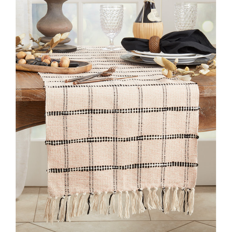Beige Cotton Checkered Table Runner with Fringe, 16" x 72"