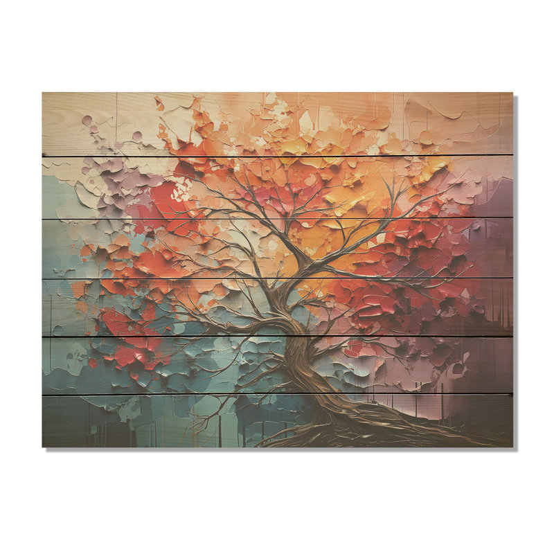 Expressionist Vibrance Of Raimbow Tree - Tree Redwood Wood Art On Natural Pine Wood, 24" H x 32" W
