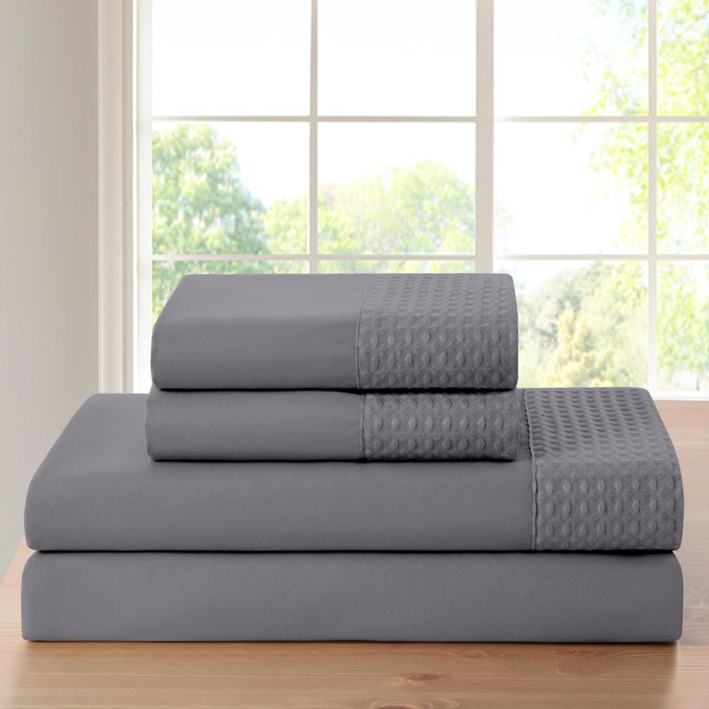 Ensemble de draps 4 pièces Kathy Ireland, Ensemble de draps pour grand lit avec 2 taies d'or, Gris