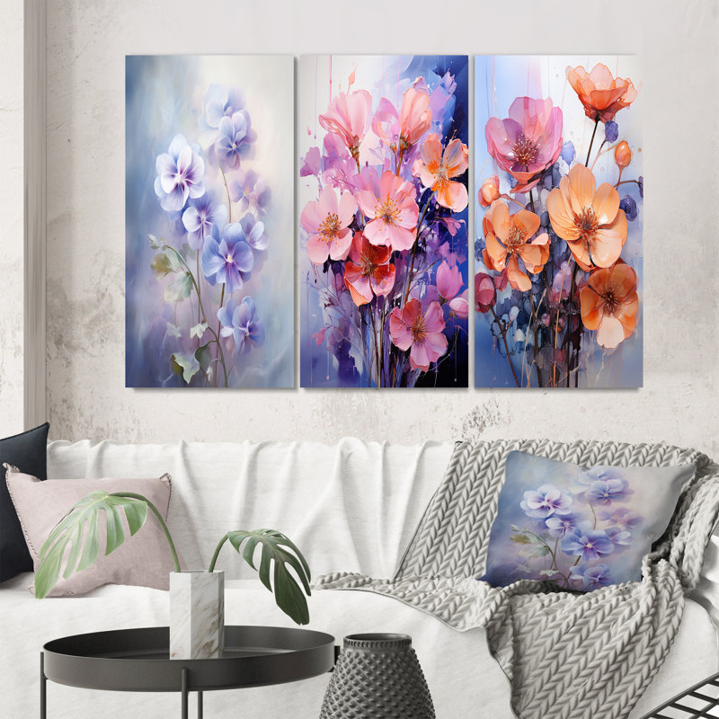 «Violets Romantic Impression», 3 pièces sur toile, Toile tendue, H 28 po x l 36 po