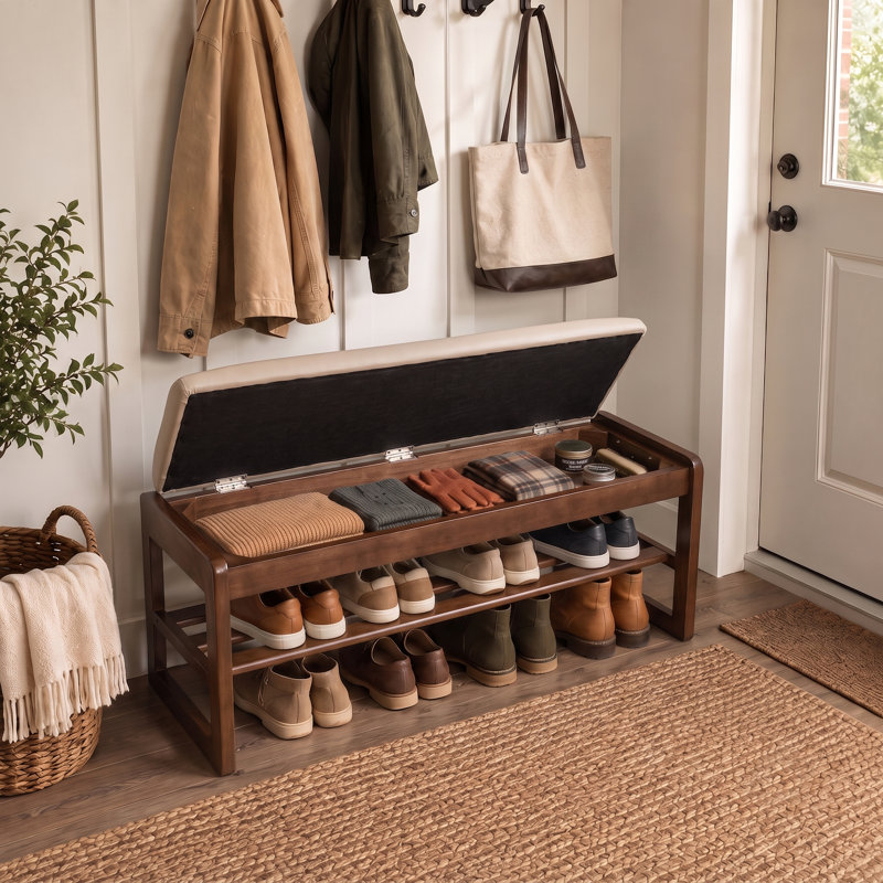 Banc de réception rembourré 40 po avec siège en cuir végétalien et tablette de rangement ouverte, Beige